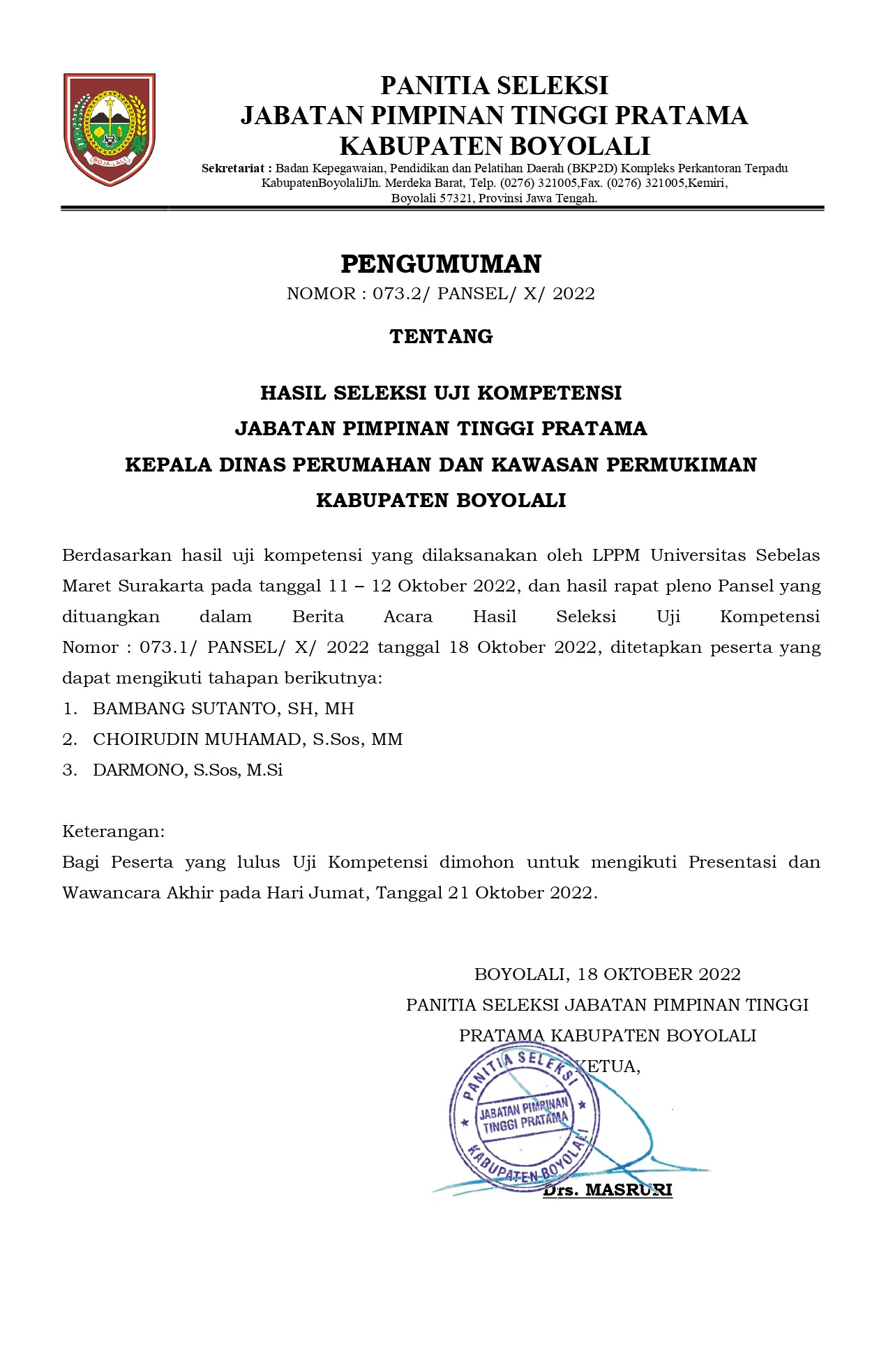 Pengumuman seleksi uji kompetensi JPT Pratama Kabupaten Boyolali Tahun 2022